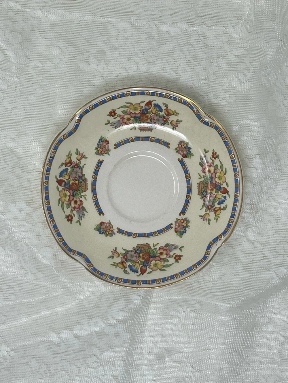 Victoria Floral Basket Pattern Saucer in Pareek scalloped shape